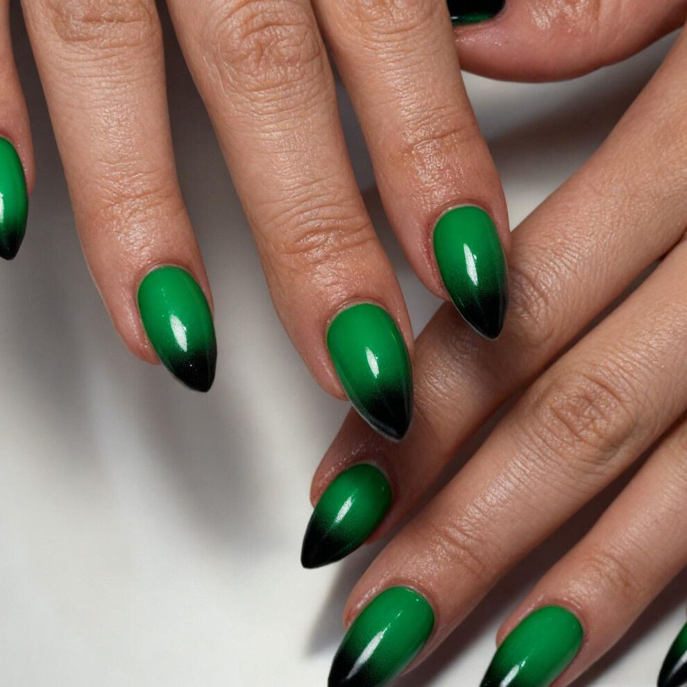 Sxvme Green,Black Ombre Black Green Nails Press On, French Press On Nails Short Almond Shaped Glue On Nail Short Fake Nails Stiletto, Thick Acrylic False Nails Gl