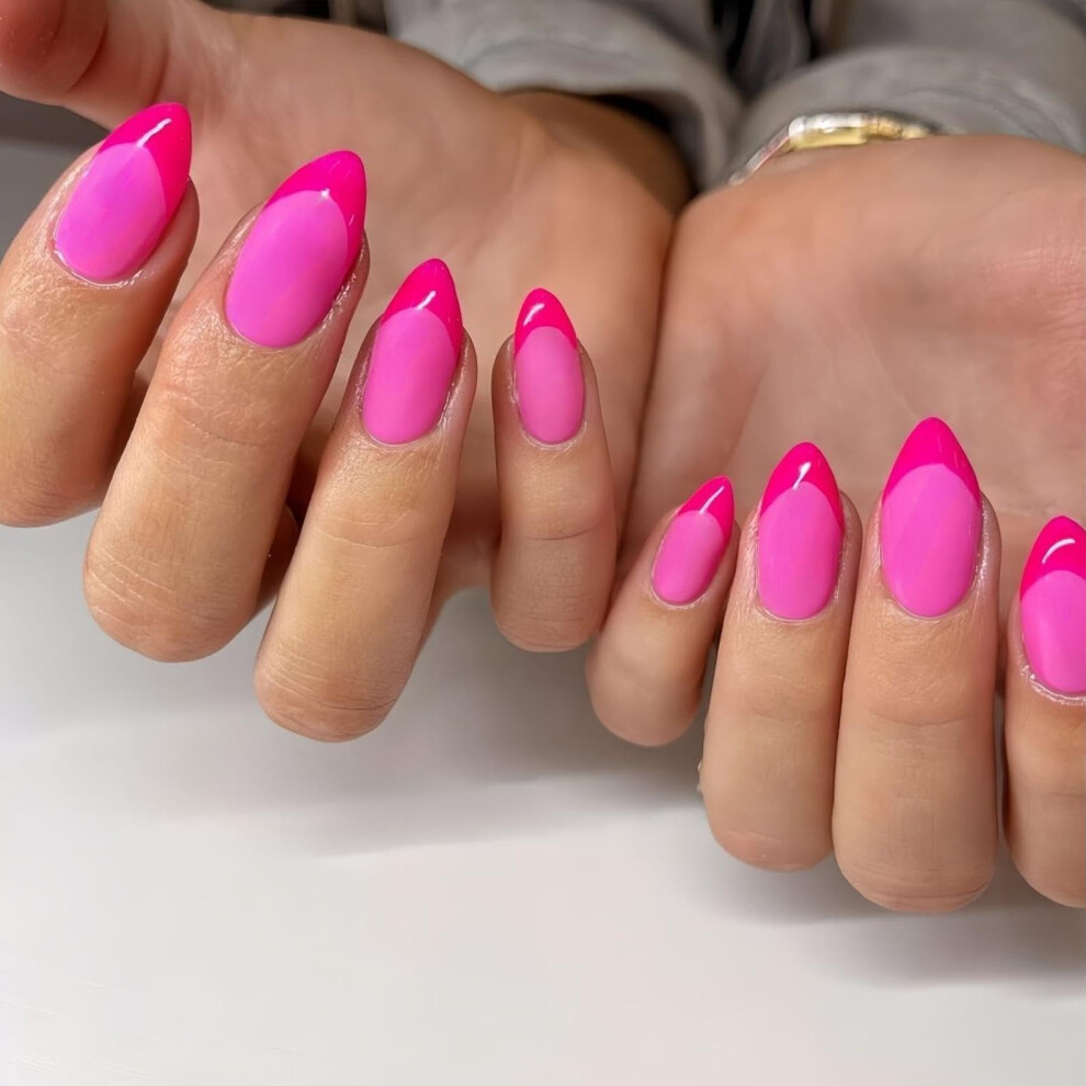 Sxvme Pink Hot French Tip Press On Nails Short Almond Nails Press Ons, Short Fake Nails With Matte Finish, Vibrant Neon French Glue On Nail False