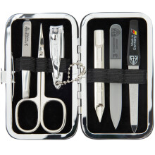 3 Swords Germany - 6-teiliges Maniküre-Pediküre Set - Scheren, Metall- und Glasfeile, Nagelknipser, Pinzette mit Kunstlederetui