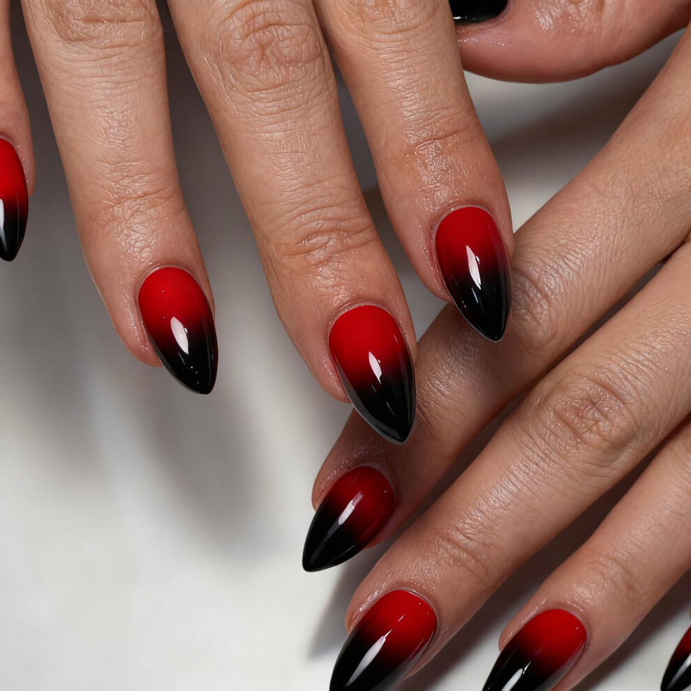 Sxvme Black,Red Ombre Black Red Nails Press On, French Press On Nails Short Almond Shaped Glue On Nail Short Fake Nails, Thick Acrylic False Nails Glossy Blush