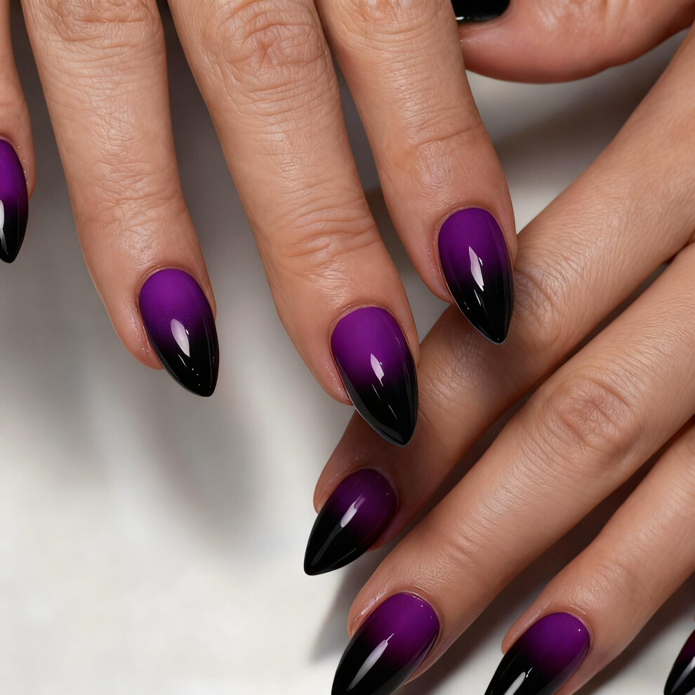 Sxvme Black,Purple Ombre Black Purple Nails Press On, French Press On Nails Short Almond Shaped Glue On Nail Short Fake Nails, Thick Acrylic False Nails Glossy Blu