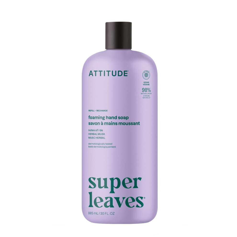 Attitude Foaming Hand Soap Refill, Ewg Verified, Natural & Plant-Based Hand Wash, Gentle & Moisturizing, Vegan, Herbal Musk Scent, 30 Fl Oz