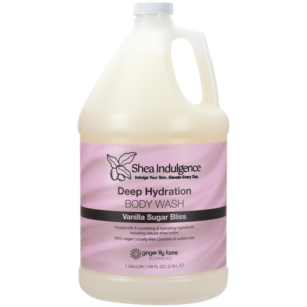 Ginger Lily Farms Botanicals Shea Indulgence Deep Hydration Body Wash, 100% Vegan & Cruelty-Free, Vanilla Sugar Bliss Scent, 1 Gallon (128 Fl Oz) Refi