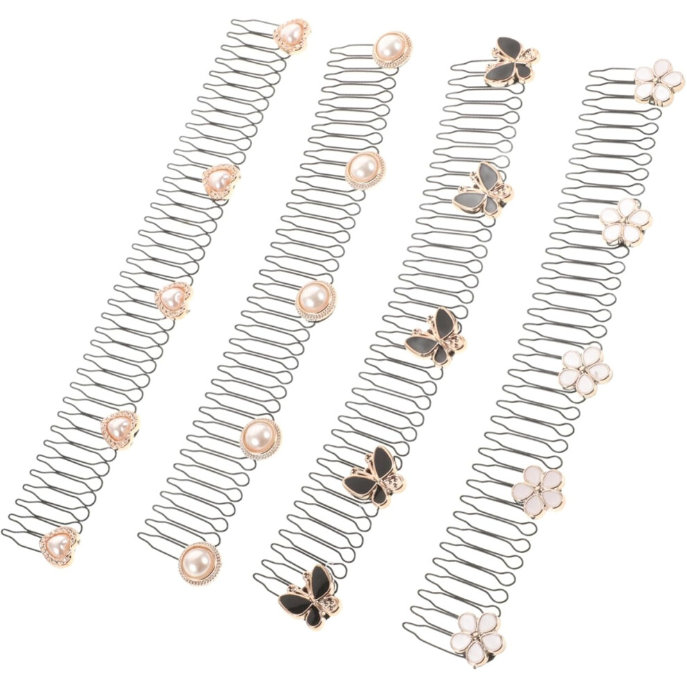 Hkhbjs Unisex White 4Pcs Invisible U Pin Hair Comb Set Pearl Rhinestone Flower Charms, Metal Side Combs