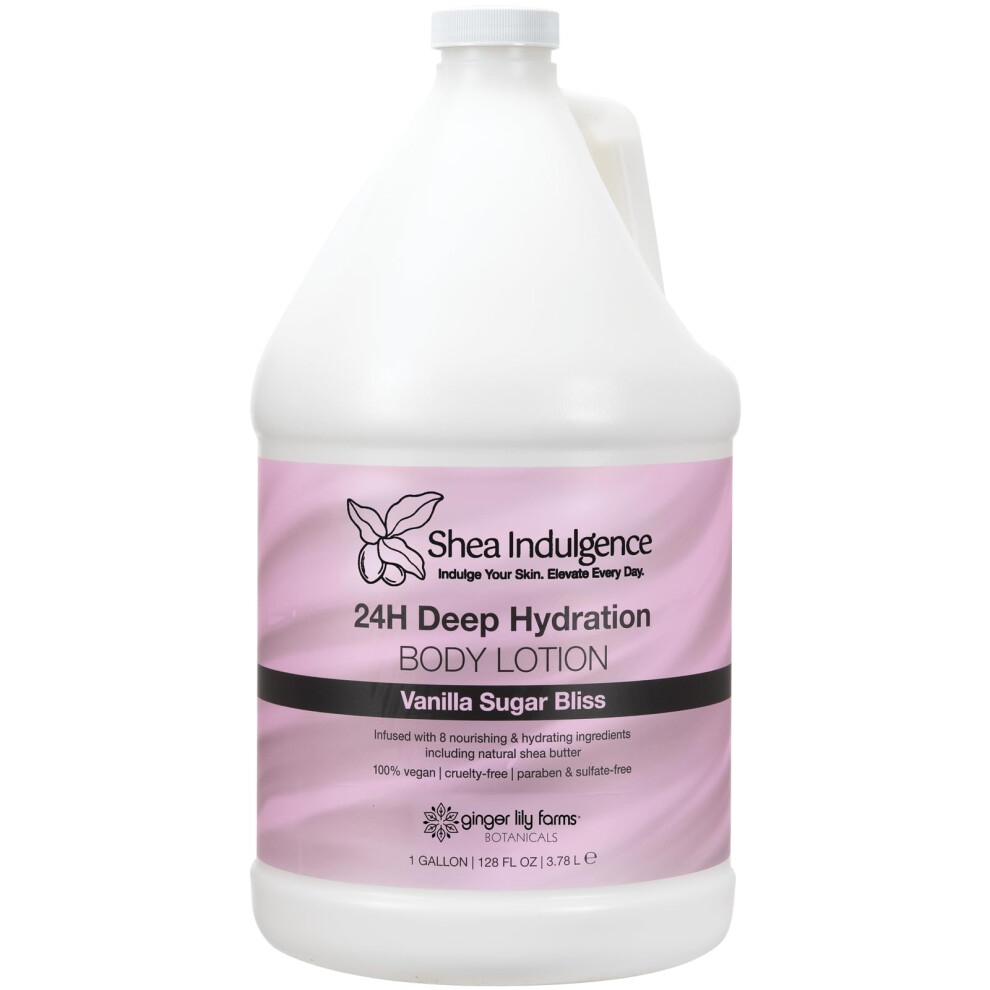 Ginger Lily Farms Botanicals Shea Indulgence 24H Deep Hydration Body Lotion, 100% Vegan & Cruelty-Free, Vanilla Sugar Bliss Scent, 1 Gallon (128 Fl Oz
