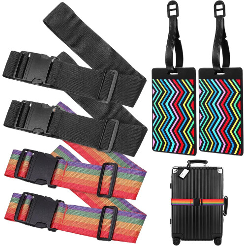 4Pcs Adjustable Luggage Straps with 2 Rainbow 2 Solid Dark Belts + 2 Vertical Stripe Luggage Identifier Tags
