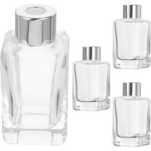 Lot de 4 flacons diffuseurs en verre avec bouchons argentés, 50 ml, design carré classique, rechargeables.