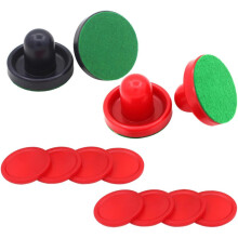 16-delars set med airhockey-pucker och -kickar, 96 mm, 4 röda och 4 mörkblå pucker, 4 filtskydd