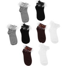 4 Paar niedliche japanische Spitzensocken mit Schleife für Damen, weiche Rüschen-Knöchelsocken