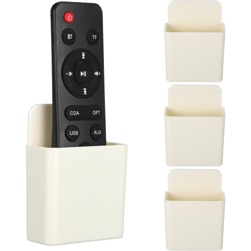 Set di 4 supporti adesivi da parete per telecomandi, colore beige, organizer per telefono e controller.