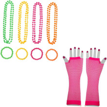 Neonfarbenes Perlenketten- und Armbandset mit wassermelonenroten Netzhandschuhen, 80er-Jahre-Party-Accessoires