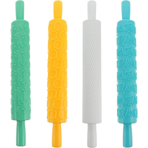 4pcs Creative Baking Rolling Pin Set with Cookies Embossed Roller for Even Textured Result