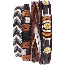 Vintage Lederarmband-Set, 4-teilig, mehrlagig gewebte Handgelenkketten, Unisex, handgefertigte Seilarmbänder