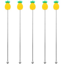 5 palitos agitadores de bebidas reutilizables con forma de fruta, hechos de acero inoxidable y PVC.