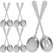 10 stk. serveringsskjesett i rustfritt stål. Inneholder 5 solide og 5 hullskjeer. Elegant og polert.