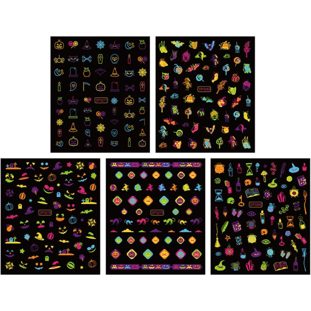 Hkhbjs 5Sheets Self-Adhesive Halloween Nail Art Stickers Glowing Dark Decal