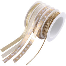 5 Rollen 25 m bedrucktes Weihnachtsband (0,6 cm – 1,5 cm breit) mit goldenem Zierband