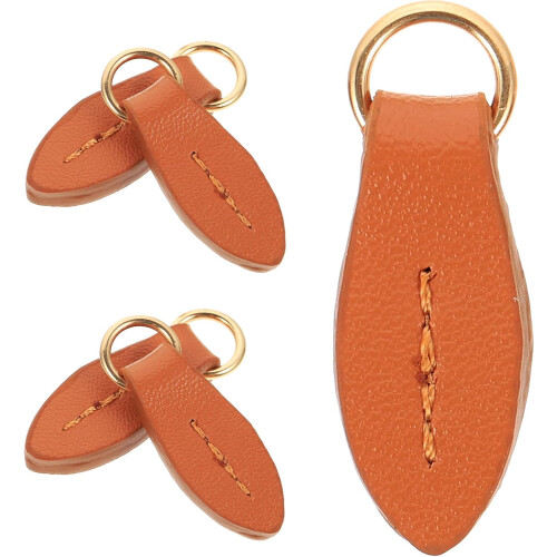 5pcs Leaf-Shaped Genuine Leather Double-Layer Zipper Pull Tabs in Tan, Small Detachable Zipper Heads