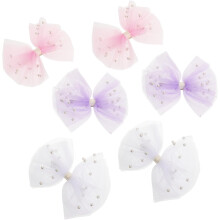 6er-Pack Haarspangen mit Schleifen für Mädchen, aus Gaze, in Rosa, Weiß und Lila – perfekt für Partys.