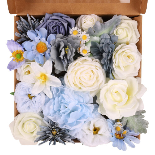 Flores artificiais de seda azul, dálias e rosas com hastes (24) 2