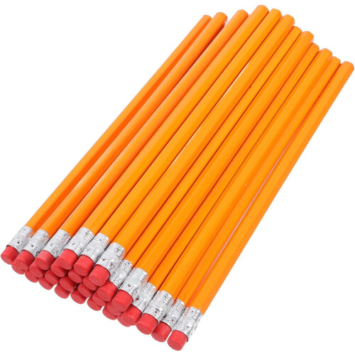 Lot de 100 crayons de bois HB avec gommes rouges et corps jaune, construction solide.