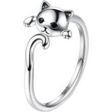Bezaubernder offener Ring aus Sterlingsilber mit Katzenmuster für Damen, silberner Fingerring, Schmuck für jeden Tag