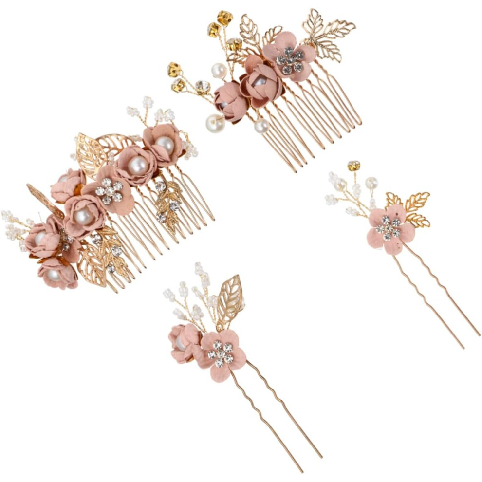 Hkhbjs Pink 4Pcs Floral Hair Comb And Hairpin For Wedding Bride Headpiece Beautiful Delicate Hair Combs Flowers For Bridal Wedding