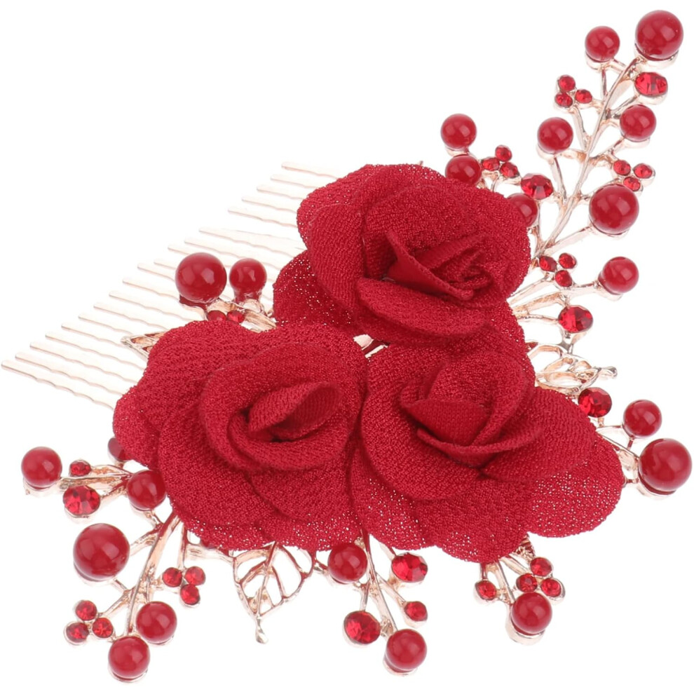 Hkhbjs Red Bridal Hair Comb Flower Design Elegant And Rhinestone Wedding Headpiece