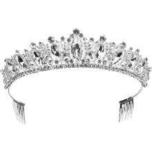 Coroa de noiva Strass pente de cabelo com cristales brancos de prata espessa, Bandeira de casamento Tiara antiderrapante
