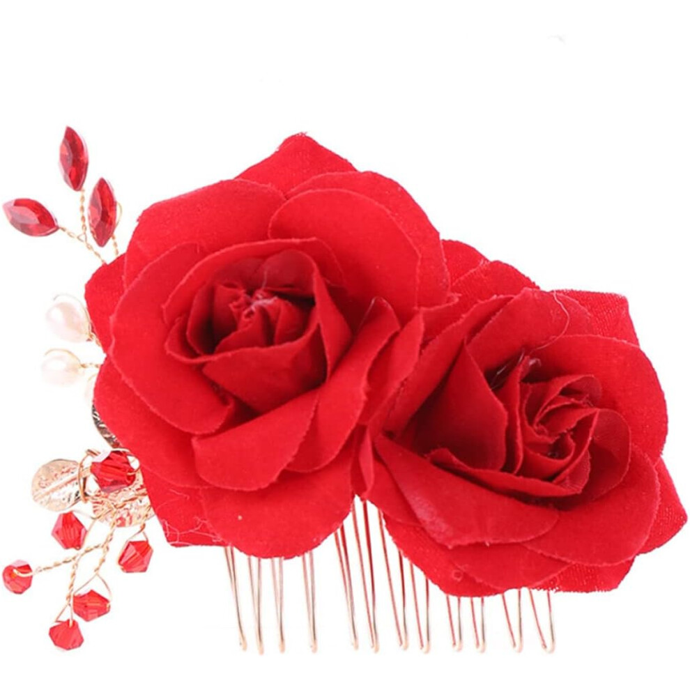 Hkhbjs Red Flower Rhinestone Hair Comb For Women Rose Flower Hair Comb Bridal Wedding Headdress Occasions
