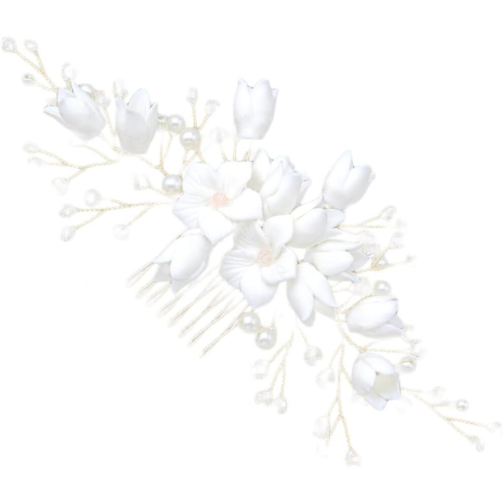Hkhbjs White Bridal Hair Comb Handmade Polymer Clay Flower Insert Comb Pearl Crystal Beads Wedding Headpiece