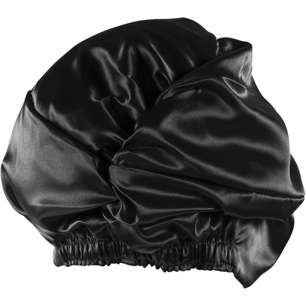 Hkhbjs Imitation Silk Double Layer Sleeping Bonnet For Women, Elastic Black Hair Sleeping Hat With Cross Twist Design