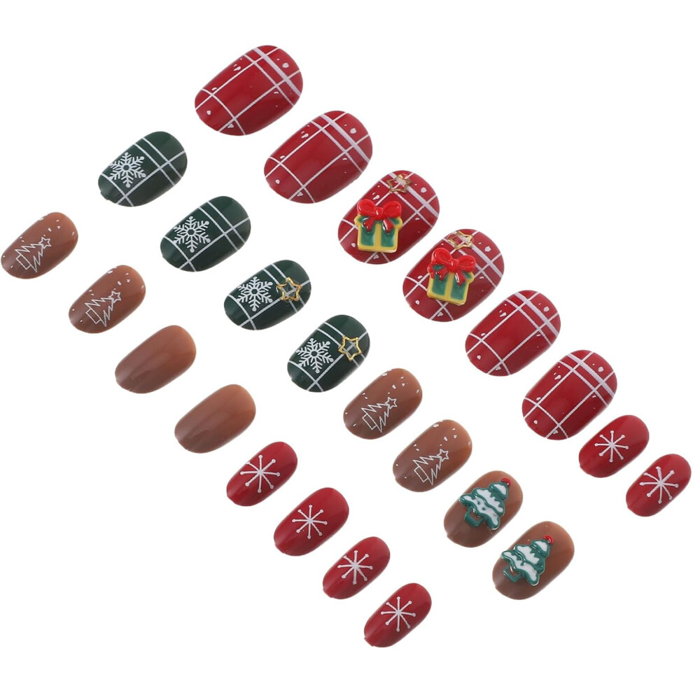 Hkhbjs Almond-Shaped False Nails For Christmas Holiday Medium Snowflake Tree Prints Reusable Glue Nail Tips For Women Diy Manicure