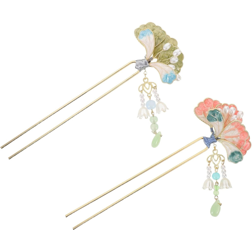 Hkhbjs 2Pcs Chinese Tassel Hair Sticks Metal Floral Ancient Style U Shaped Hair Pins For Girls Hanfu Accessories In Pink And Green
