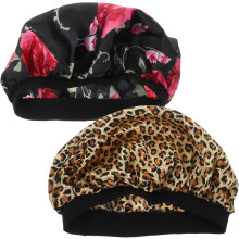 Lot de 2 bonnets en satin à large bord pour dormir, protège-cheveux pour femmes, imprimés floral noir et léopard