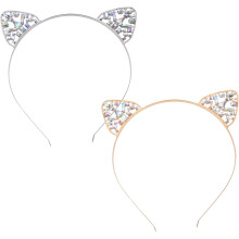 Haarband mit Katzenohren und Strasssteinen, 2er-Pack, Metalllegierung, Gold und Weiß, für Damen und Mädchen, Party-Haaraccessoires