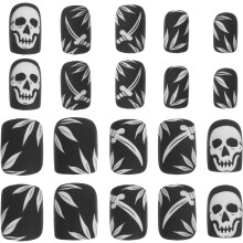 24 stuks Halloween korte plaknagels met zwart doodskopdesign, nepnagels met volledige dekking, zelfklevend gotisch skelet voor vrouwen.