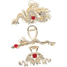 3er-Pack goldene Drachen-Haarspangen mit Strasssteinen im Vintage-Stil, ideal für festliche Anlässe und als Styling-Accessoire im chinesischen Stil.