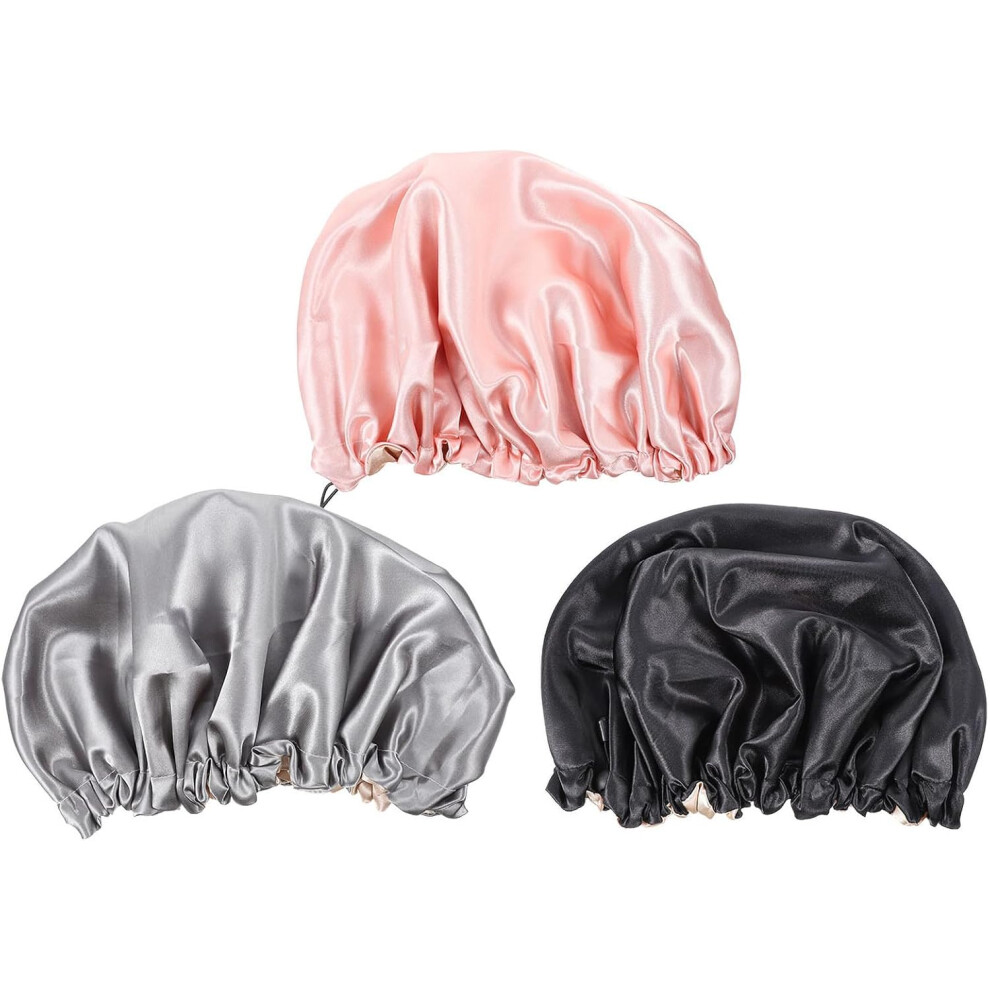 Hkhbjs 3Pcs Adjustable Satin Hair Bonnets For Sleeping And Bathing, Double-Layer Design With Elastic Edge, For Wrapping Hair