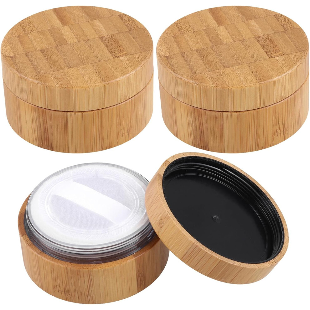 Hkhbjs 3Pcs Bamboo Empty Powder Container Loose Powder Puff Travel Case For Makeup Body Face