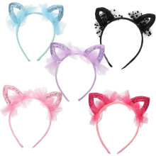 5er-Pack Katzenohren-Haarreifen mit Spitze, Glitzer und Pailletten für Mädchen und Jungen – ideal für Partys (Farbe zufällig)