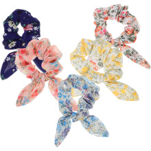 Set di 5 elastici per capelli da donna con orecchie di coniglio e fiocco floreale, elastici in chiffon per coda di cavallo