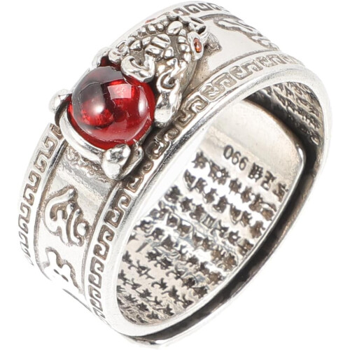 Adjustable Silver Mythical Beast Ring for Men Women, Retro Amulet Band with Wealth Cloud Pattern