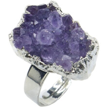 Amethyst-Fingerring, Damen-Partyschmuck, unregelmäßiger Rohkristallcluster, Naturstein, zarte Handverzierung