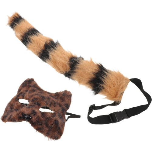 Set mască și coadă de vulpe din blană artificială cu accesorii cu imprimeu leopard