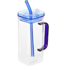 Quadratischer blauer Glasbecher mit Henkel, 300 ml, aus hochwertigem Borosilikatglas, geeignet