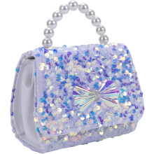 Glitzernde Paillettenhandtasche mit glänzender Schleife und Perlenkette, weiße Umhängetasche