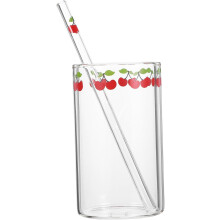 Kirschmuster-Glasbecher mit Strohhalm, wiederverwendbar, 201–300 ml, Kirschmuster-Design, für Zuhause und Büro