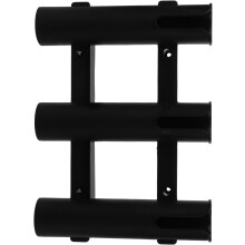 Soporte de pared para cañas de pescar para pesca en el mar. Estante de plástico negro para cañas con buena textura.