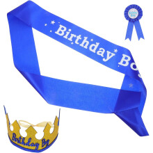 Blaues Geburtstagskronen-Stirnband-Set für Jungen mit verstellbarem Stoffdesign, inklusive Anstecknadel und Schärpe